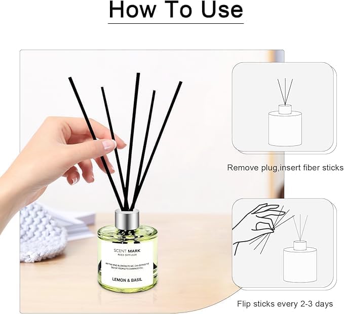 Reed Diffuser Set of 3 Pack,50ML Lemon Basil Ocean Rose Scented Oil Diffuser with 5 Sticks,Home Fragrance Reed Diffuser for Bedroom Bathroom Office (Lemon Basil/Ocean/Rose)