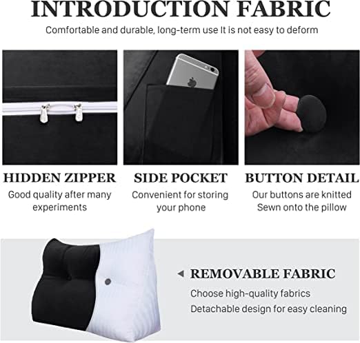 Wedge Headboard Pillow Dorm Room Reading Pillow Back Support for Sitting Up in Bed Bolster Lumbar Cushion Body Positioning Bedrest Velvet 39in Black Twin