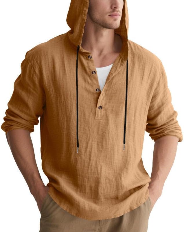 Men's Linen Blend Hoodie Long Sleeve Henley Pullover Sweatshirt Casual Loose Fit Top for Workout Beach Wear