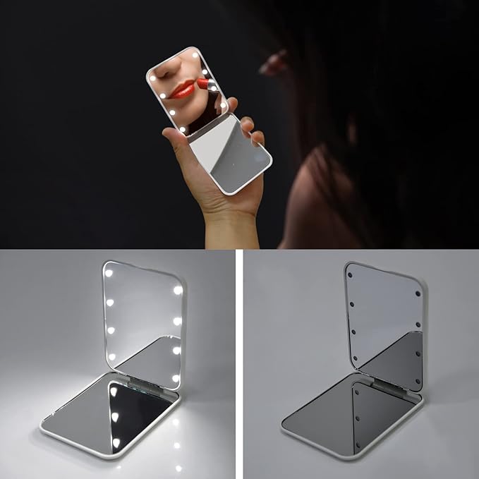 Kintion Pocket Mirror, 1X/3X Magnification LED Compact Travel Makeup Mirror with Light for Purse, 2-Sided, Portable, Folding, Handheld, Small Lighted Mirror for Gift, White