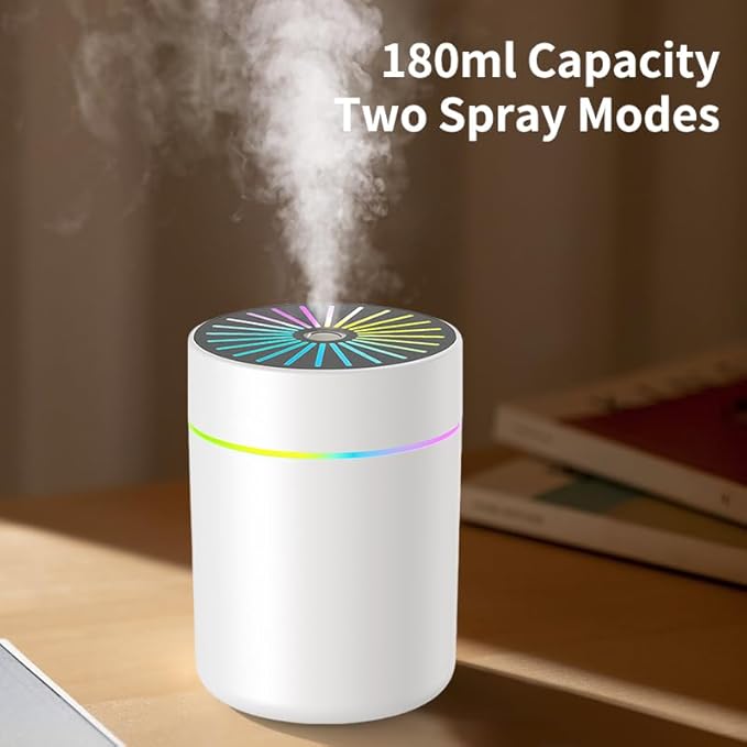 180ml Portable Small Humidifier with Colorful LED Night Light, USB Personal Desktop Humidifier for Car Home Office Travel, Auto Shut-Off, 2 Mist Modes, Super Quiet