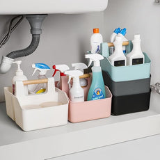 rejomiik Portable Shower Caddy Basket with Bamboo Handle, Plastic Cleaning Caddy Bathroom Organizer Tote for College Dorm Essentials, Bath Toy Storage, White