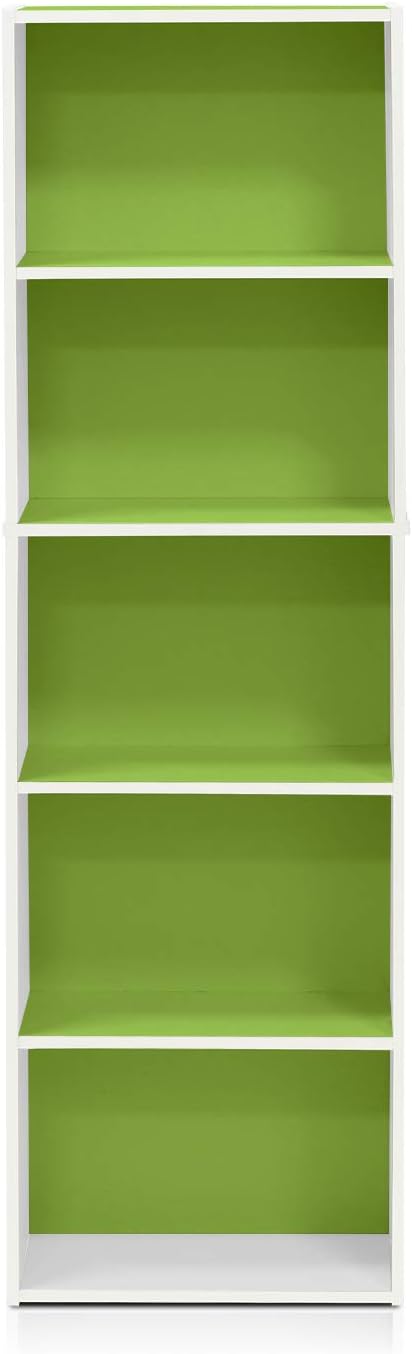Furinno LUDER Book Shelf, 5-Cube Bookshelf, Bookcase with Open Shelf, 9.4 x 15.8 x 52, for Living Room, Bedroom, Home Office, White/Green