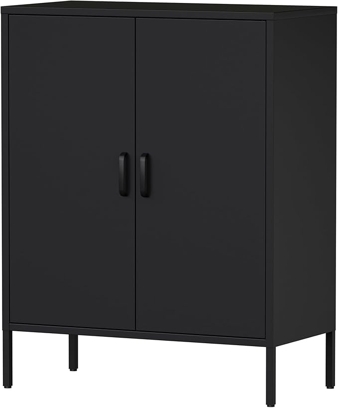 Bathroom Floor Storage Cabinet,40H Small Metal Cabinets for Storage with Doors,2 Door Black Towel Freestanding Cabinet for Small Spaces,Two Door Hallway Short Cabinets,Shallow Low Cupboard