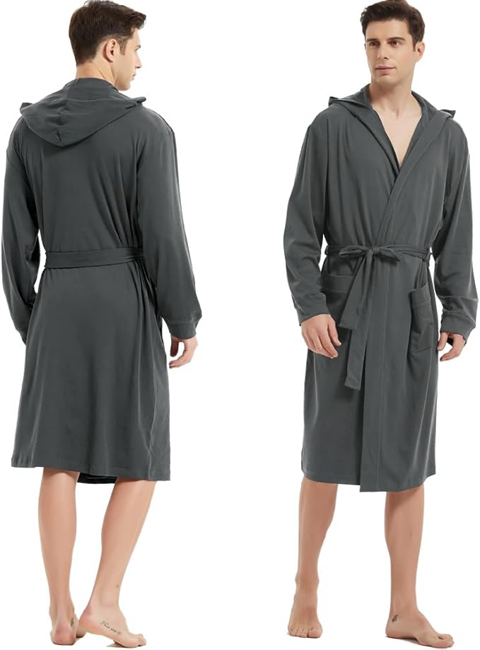 HOLOVE Men's Pure Cotton Bathrobe Lightweight Kimono and Hooded Spa Robes Soft Sleepwear