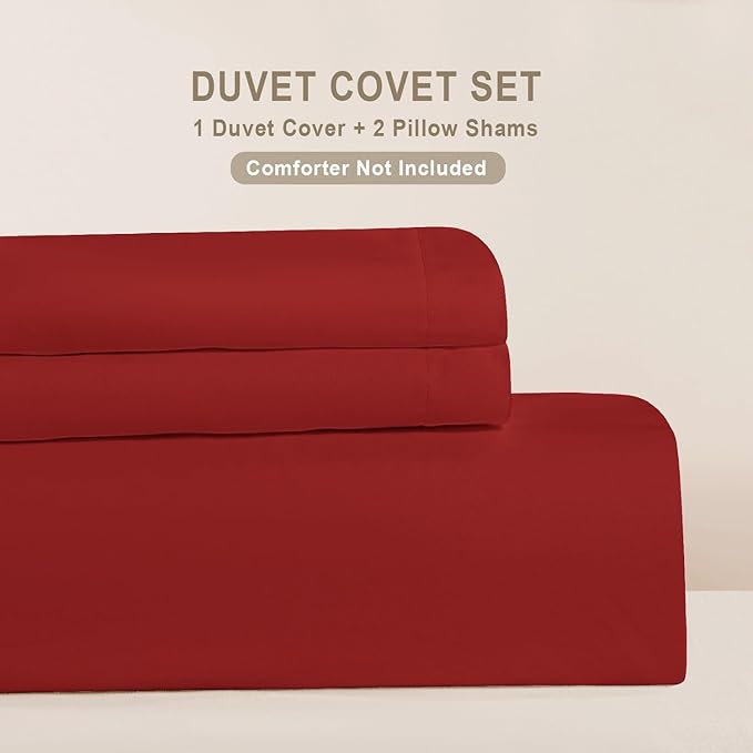 100-Percent Cotton Duvet Cover Set, Hidden Zipper Closure, Ultra Soft, Easy Care and Durable, Simple Bedding Style, Queen, Red (Comforter Not Included)
