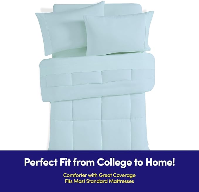 Dorm Room Essentials College Bedding Comforter Set 7 Piece Full Size Bed in a Bag for College Students Boys and Girls, Full, Aqua