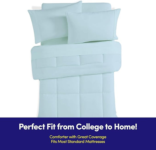 Dorm Room Essentials College Bedding Comforter Set 7 Piece Full Size Bed in a Bag for College Students Boys and Girls, Full, Aqua