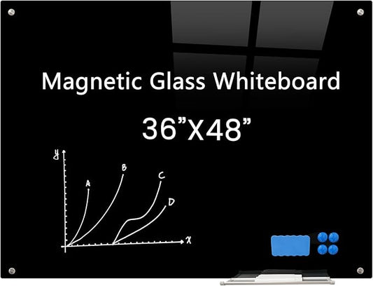 Magnetic Glass Black Board 48"x36" Glass Dry Erase Blackboard Tempered Glass Whiteboard Wall Mounted for Office School Home (Black)
