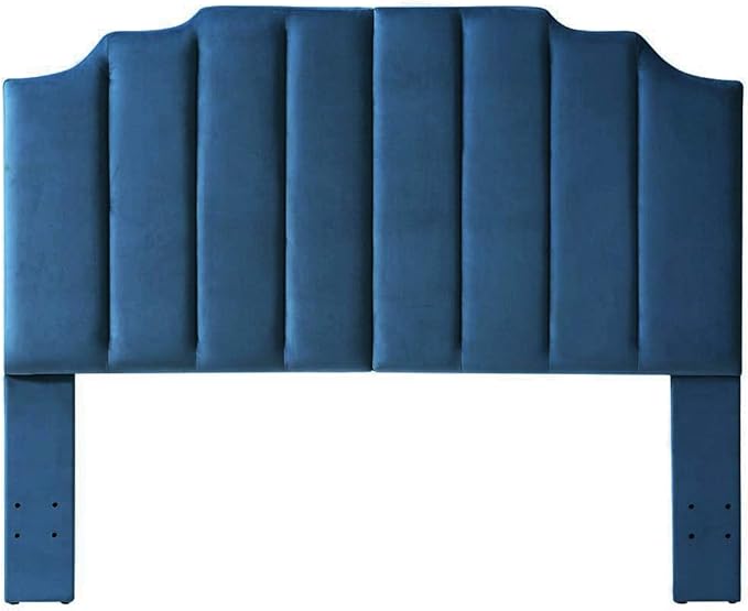 24KF Navy Blue Velvet Tufted Queen Upholstered Headboard, Modern Vertical Channel Design California Queen/Full Headboard with Stepped Silhouette Top Edge, 6026-Q-Navy Blue