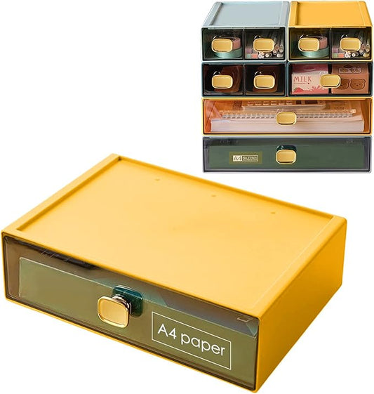 Stackable Desk Drawer Organizer 13''x9''x3.3'' Desktop Paper Organizer for Printer Paper File Office Drawer Organizer Box Clear Storage Drawer for Stationery, School, Dorm(Yellow,L-1 Drawer)