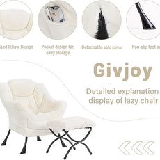 Plush Lazy Chair and Ottoman, Large Contemporary Accent Lounge Chair with Armrests and a Side Pocket, Modern Leisure Upholstered Sofa Reading Armchair with Footrest for Bedroom, Living Room