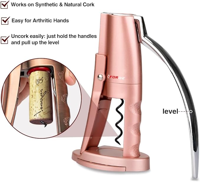 Forge Quality Compact Vertical Lever Corkscrew Wine Opener with Foil Cutter. 3 Seconds to Open a Bottle of Wine. Pink.