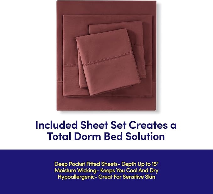 Dorm Room Essentials College Bedding Comforter Set 5 Piece Twin XL Size Bed in a Bag for College Students Boys and Girls, Twin XL, Burgundy