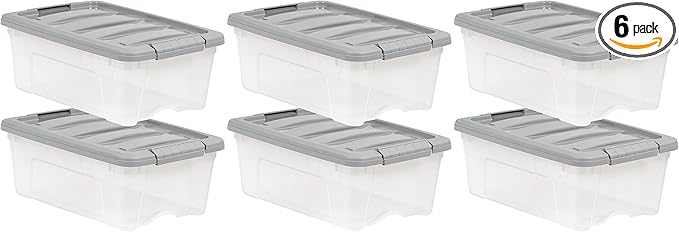 Amazon Basics Plastic Storage Containers with Secure Latching Lids, Stackable Organization Bins, Clear/Grey, 12 Quart, Set of 6