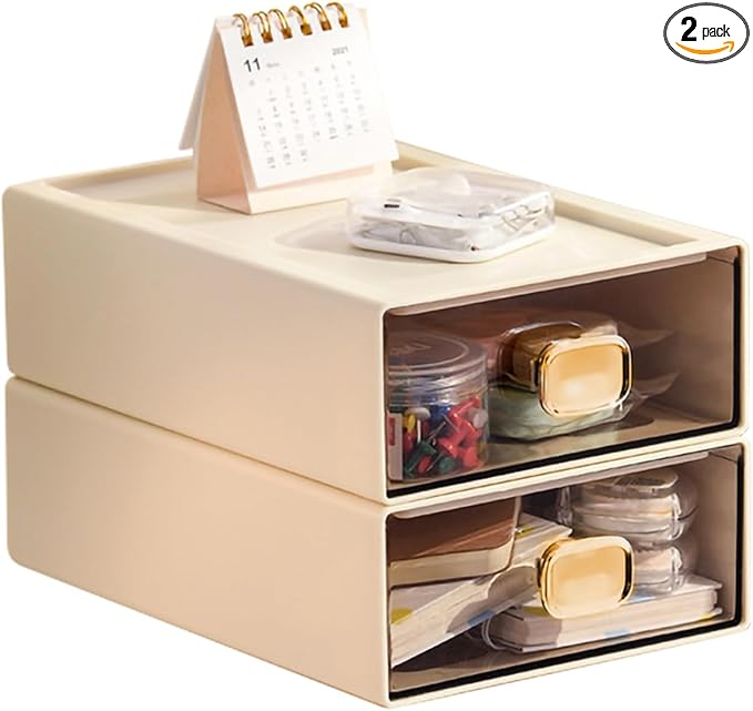 2PACK Stackable Desktop Storage Organizer Plastic Desk Organizer with Drawer Stacking Drawer for Pantry, Locker, Makeup, Vanity, Garage and Small Organization(M - 1 Drawer, Cream White)