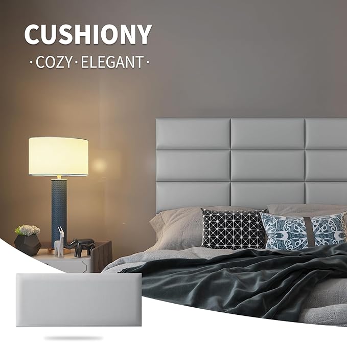 Art3d Peel and Stick Headboard for Full in Grey, Pack of 6 Panels Sized 9.84" x 23.62", Soundproof Wall Panels 3D, Upholstered Wall Panel