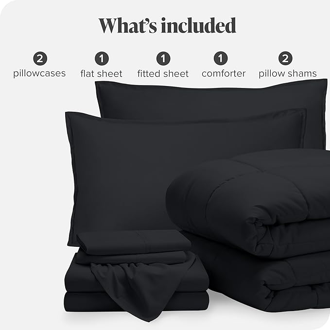 Bare Home Bed-in-A-Bag 7 Piece Comforter & Sheet Set - Full - Goose Down Alternative - Ultra-Soft 1800 Premium - Bedding Set (Full, Black/Black)