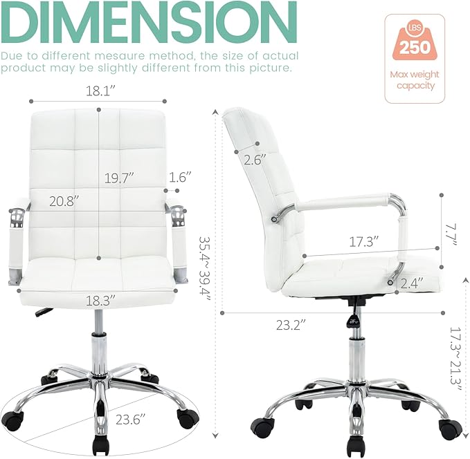 High Back Desk Chair, Modern PU Leather Home Office Task Chair with Arms, Adjustable Swivel Computer Executive Chair with Wheels (Pearl White)