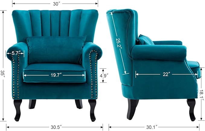 Mid Century Accent Chair Modern Tufted Wingback Armchairs Club Chair Velvet Single Sofa Lounge Chair with Pillow for Living Room, Teal Blue