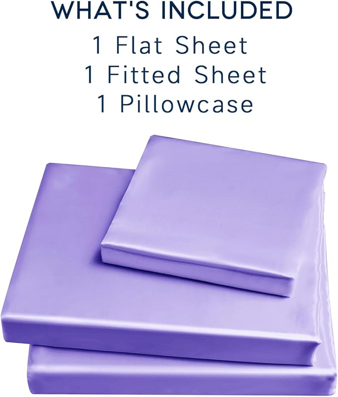 Satin Sheets Twin Size - 3 Pieces Luxury Silky Soft Bed Sheets for Kids, Wrinkle-Free Lavender Satin Silk Sheet Set with 1 Deep Pocket Fitted Sheet, 1 Flat Sheet, 1 Pillow case