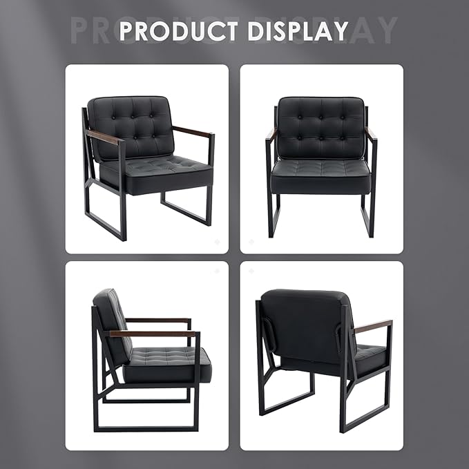 COLAMY Mid Century Modern Accent Chair Set of 2, Comfy Living Room Chair, Black Leather Accent Chair, Faux Leather Reception Armchair with Metal Legs for Living Room Bedroom Reception Office, Black