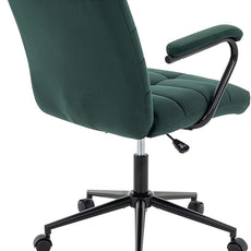 Velvet Home Office Desk Chair, Upholstered Adjustable Swivel Task Chair with Wheels, Tufted Mid-Back Computer Chair with Arms, for Study Living Room Vanity (Dark Green, Black Base)