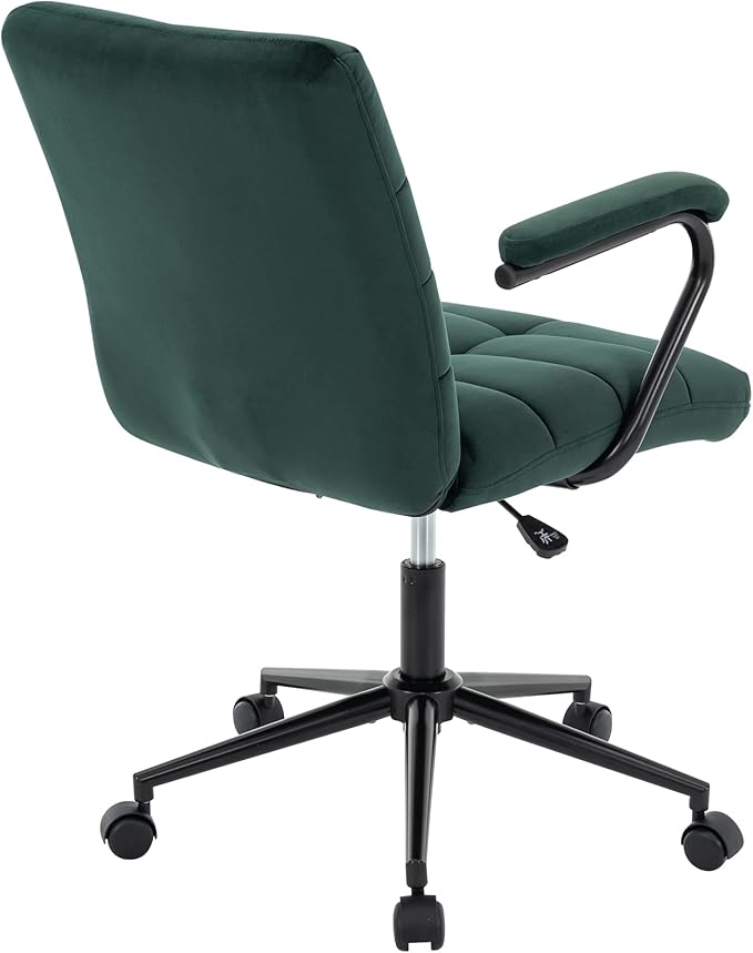 Velvet Home Office Desk Chair, Upholstered Adjustable Swivel Task Chair with Wheels, Tufted Mid-Back Computer Chair with Arms, for Study Living Room Vanity (Dark Green, Black Base)