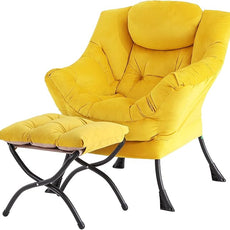 Tiita Lazy Chair with Ottoman, Modern Large Accent Lounge Armchair, Comfy Leisure Sofa Reading Chair with Footrest for Bedroom, Living Room, Dorm Rooms, Garden and Courtyard, Velvet Yellow