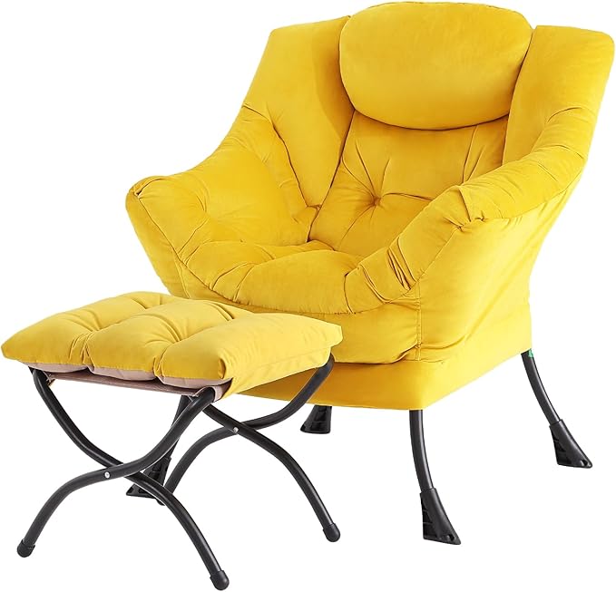 Tiita Lazy Chair with Ottoman, Modern Large Accent Lounge Armchair, Comfy Leisure Sofa Reading Chair with Footrest for Bedroom, Living Room, Dorm Rooms, Garden and Courtyard, Velvet Yellow