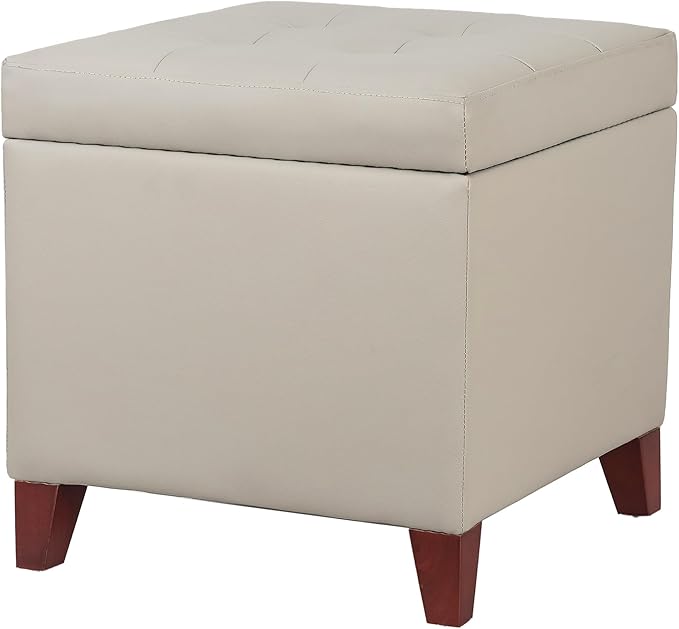 Leather Storage Ottoman with Hinged Lid, Square Foot Rest Stool Tufted Cube Footstool, Beige Grey
