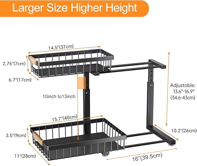 PXRACK 2 Pack Under Sink Organizer,Adjustable Height,2 Tier Pull Out Under Cabinet Organizer,Slide Out Thickened Metal Under Sink Storage for Kitchen Bathroom Laundry Cabinet Pantry,Black(L)