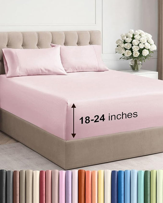 Extra Deep Pocket Cal King Sheets - 4 Piece Breathable & Cooling Bed Sheets - Hotel Luxury Bed Sheet Set - Soft, Wrinkle Free & Comfy - Easily Fits Extra Deep Mattresses - Lavender Pink Sheets Set