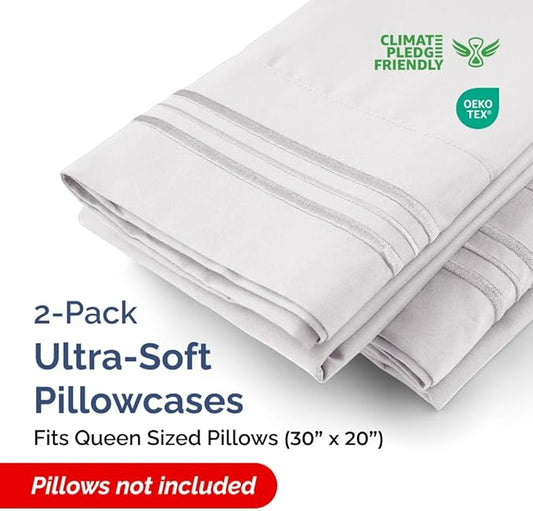 Queen Pillow Cases Set of 2 - Ultra Soft Hotel Quality Pillowcase Covers - Comfy, Cozy & Wrinkle Free - Shrinkage and Fade Resistant - Machine Washable Pillow Protectors - 2 Piece Set - French Grey