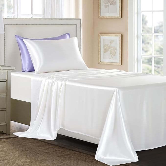 Satin Sheets Twin Size - 3 Pieces Luxury Silky Soft Bed Sheets for Kids, Wrinkle-Free White Satin Silk Sheet Set with 1 Deep Pocket Fitted Sheet, 1 Flat Sheet, 1 Pillow case