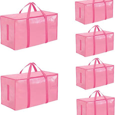 6 Pack-Extra Large Heavy Duty Moving Bags - Waterproof Storage Totes with Handles & Zippers, Foldable for College Dorm, Storage (Pink)