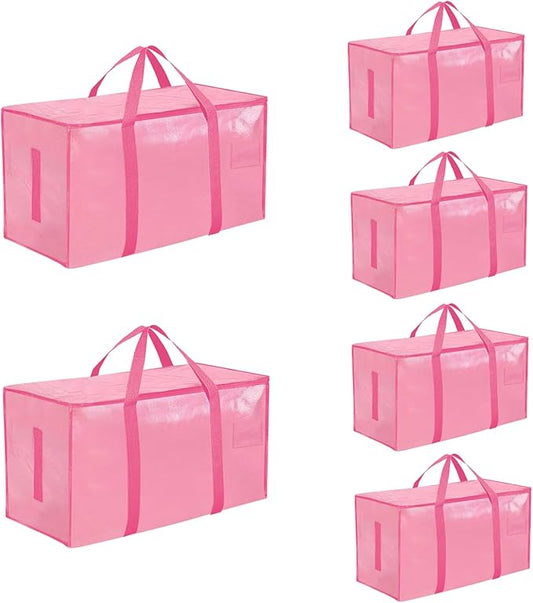 6 Pack-Extra Large Heavy Duty Moving Bags - Waterproof Storage Totes with Handles & Zippers, Foldable for College Dorm, Storage (Pink)