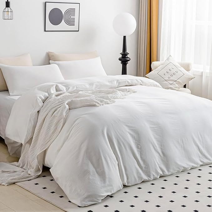 JELLYMONI Cotton White Duvet Cover Twin Size - 100% Washed Cotton Linen Like Textured Comforter Cover, 2 Pieces Breathable Soft Bedding Set with Zipper Closure (Bright White, Twin 68"x90")