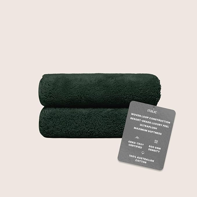 Italic Ultraplush 100% Australian Cotton Hand Towels - Set of 2 Luxury Hand Towels, Ultra Soft and Highly Absorbent 800GSM for Bathroom,Shower, Hotel, and Spa (Deep Forest)