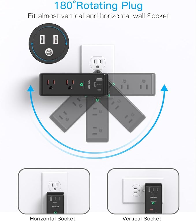 Surge Protector Outlet Extender with Rotating Plug, 6 AC Multi Plug Outlet with 3 USB Ports (2 USB C), 1800 Joules, 3-Sided Swivel Power Strip with Spaced Outlet Splitter for Home, Office, Dorm, Black