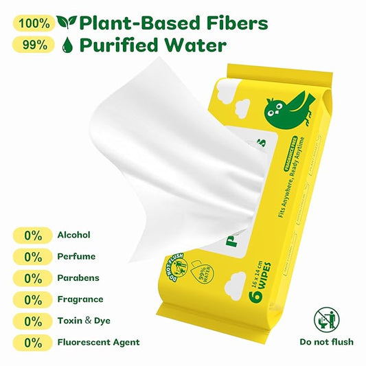 Unscented Travel Wet Wipes, 99% Purified Water Mini Wipes for Sensitive Skin, Hypoallergenic & Plastic-Free Pocket Wipes, 144 Count (24 Packs of 6)