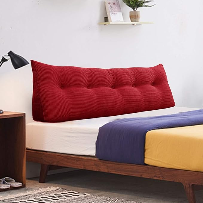 WOWMAX 100% Cotton Corduroy Headboard Pillow – Queen Size Back Support Reading Wedge for Bed & Daybed, Plush Handmade Bolster Cushion with Removable Cover, Cozy Bed Rest Pillow, Red