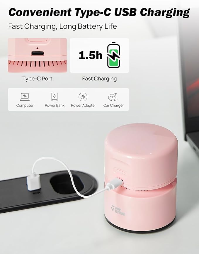 JOYTUTUS Mini Vacuum Cleaner Car Vacuum Portable Cordless 360º Rotatable Handheld Vacuum 2 Suction Modes USB for Car/Home/Pet Hair/Office/Desk/Keyboards Pink