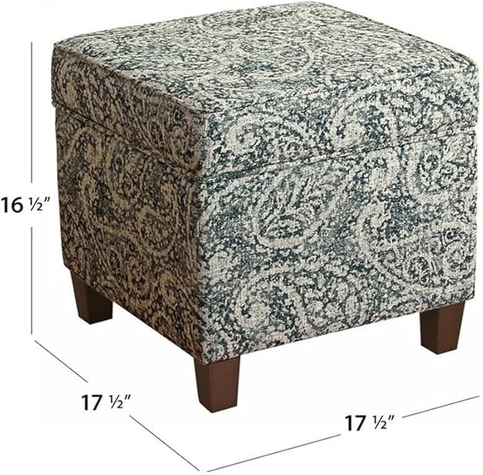 Homepop Home Décor|K7342-F2214|Classic Square Storage Ottoman with Lift Off Lid | Ottoman with Storage for Living Room & Bedroom, Gray Paisley Blue