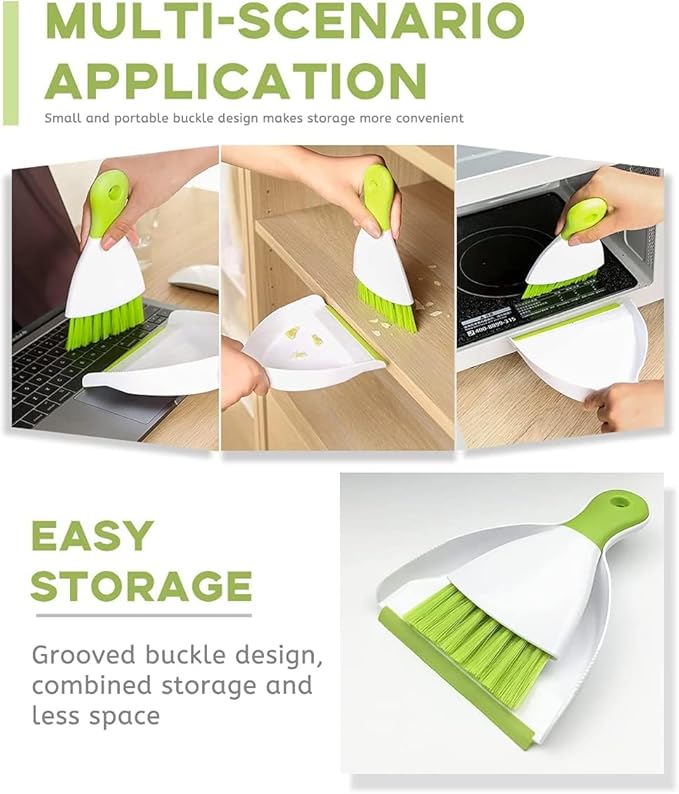 Dust pan Broom Brush Dustpan - Small Broom and Dustpan Set,Mini Broom and Dustpan, Small Dustpan and Brush Set for Home Cleaning,Sofa,Desk,Guinea Pig Cage,Cat Litter etc.（Green 3 Set）