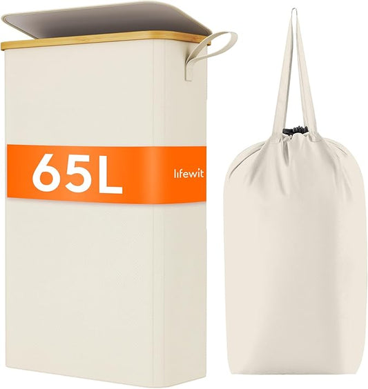 Lifewit 65L Slim Laundry Hamper with Lid, Narrow Laundry Basket with Removable Bag & Bamboo Handles, Fodable Thin Dirty Clothes Hamper for Laundry Collapsible Bin for Bathroom Bedroom Dorm, White