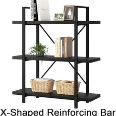 HSH 3 Tier Black Bookshelf, Industrial Small Metal Wooden Storage Book Shelves, Modern Open Low 3 Shelf Bookcase and Display Etagere, Vertical Book Shelf for Bedroom Living Room Office, Black Oak