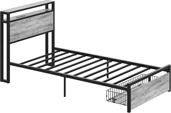 LIKIMIO Twin Bed Frames with Drawer, Storage Headboard with Outlets, No Box Spring Needed, Easy Assembly, Industrial Gray