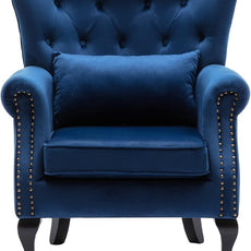 Mid-Century Accent Chair Modern Button Tufted Armchair Wingback Club Chair Velvet Single Sofa Lounge Chair with Pillow for Living Room Bedroom, Blue