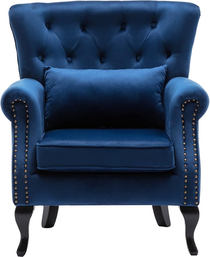 Mid-Century Accent Chair Modern Button Tufted Armchair Wingback Club Chair Velvet Single Sofa Lounge Chair with Pillow for Living Room Bedroom, Blue